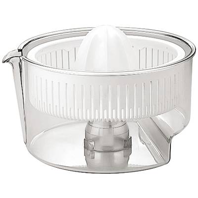 Clear plastic citrus juicer with grooves and central pressing cone.