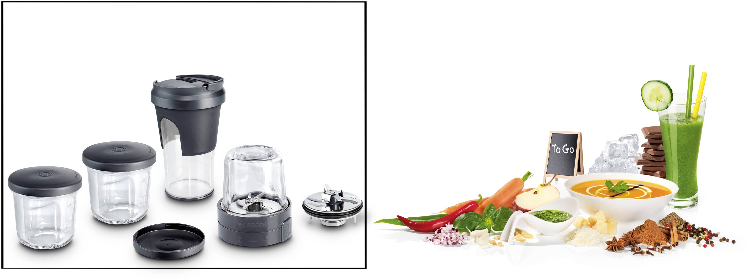 Kitchen appliance set with mixing bowl and attachments on the left. On the right, healthy food items such as vegetables, soup and a drink.