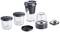 A set of glass containers, lids, and a beaker blender attachment, suitable for kitchen applications and storage.
