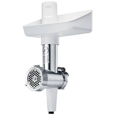 Metal meat grinder attachment with funnel, silver-coloured, used for mincing meat or other foodstuffs.