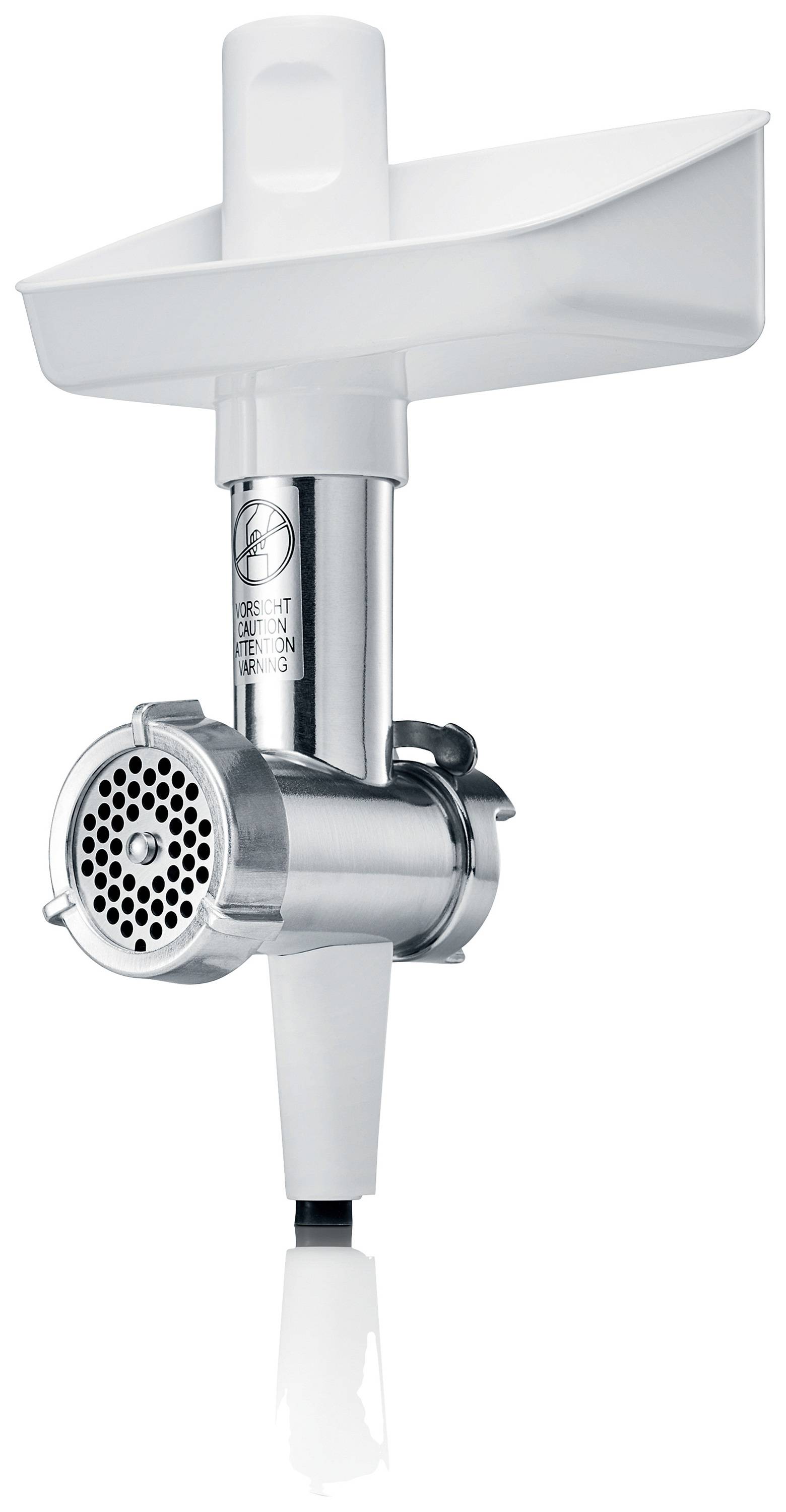 Silver meat grinder attachment for kitchen equipment with a white funnel at the top, designed for processing meat or other foodstuffs.