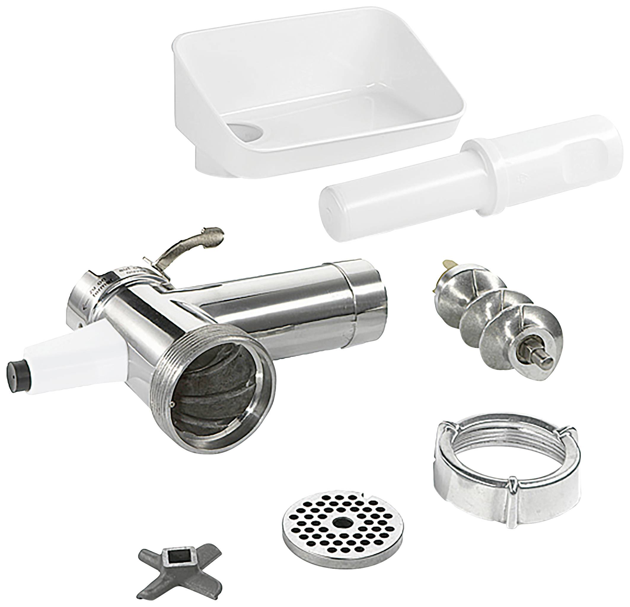 Mincer Accessories: Funnel, Auger, Blade, Perforated Disc and Rings. Components for Assembling a Meat Grinder.