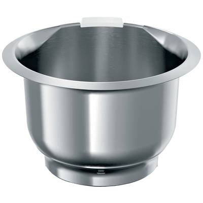 A gleaming, round stainless steel bowl with a wide rim and a handle on one side. Perfect for mixing or storing.
