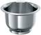 A gleaming, round stainless steel bowl with a wide rim and a handle on one side. Perfect for mixing or storing.