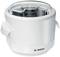 Bosch ice cream maker in white with a transparent lid, suitable for making homemade ice cream.