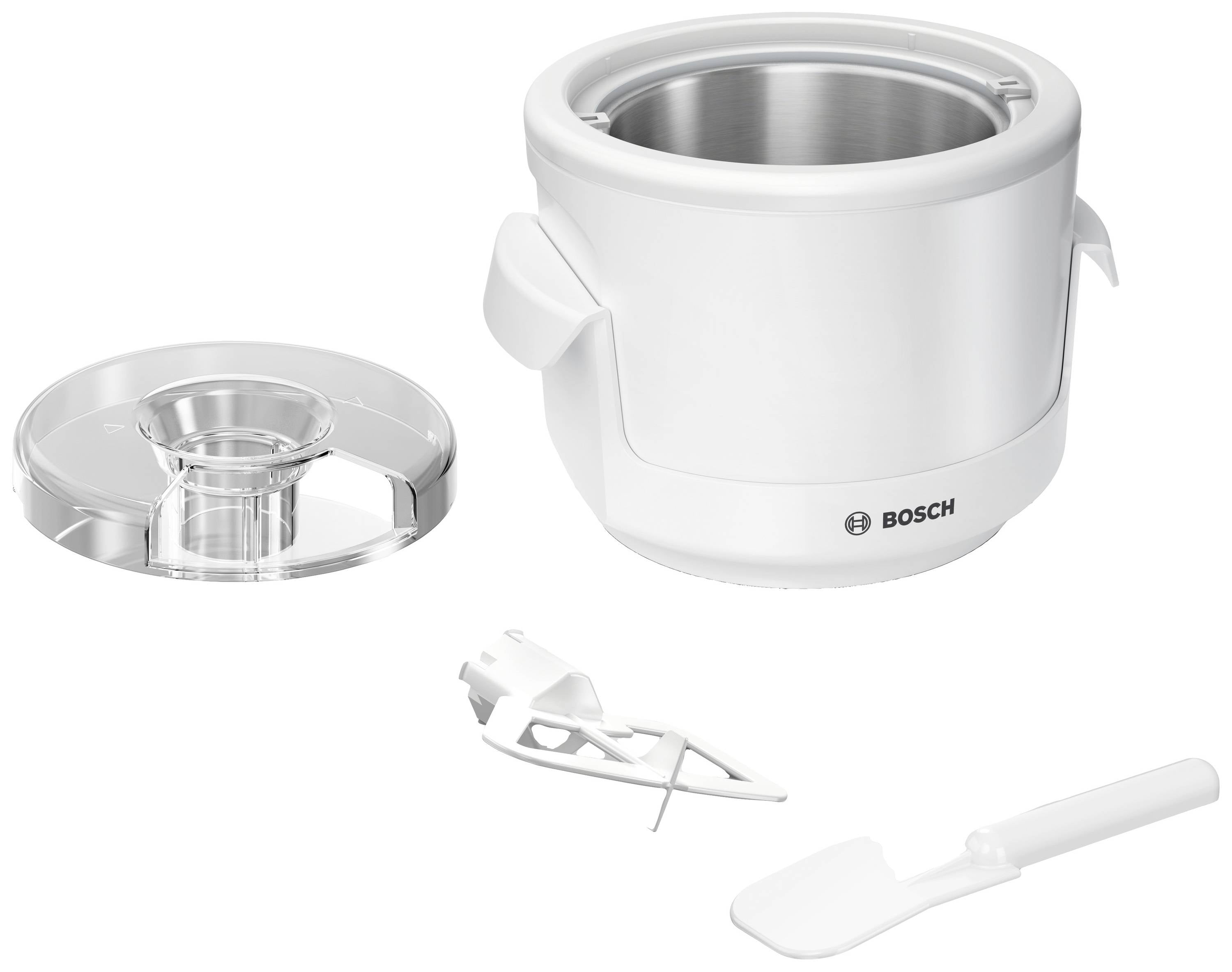 A white Bosch ice cream maker attachment with lid, scraper and stirring tool, suitable for use with a stand mixer.