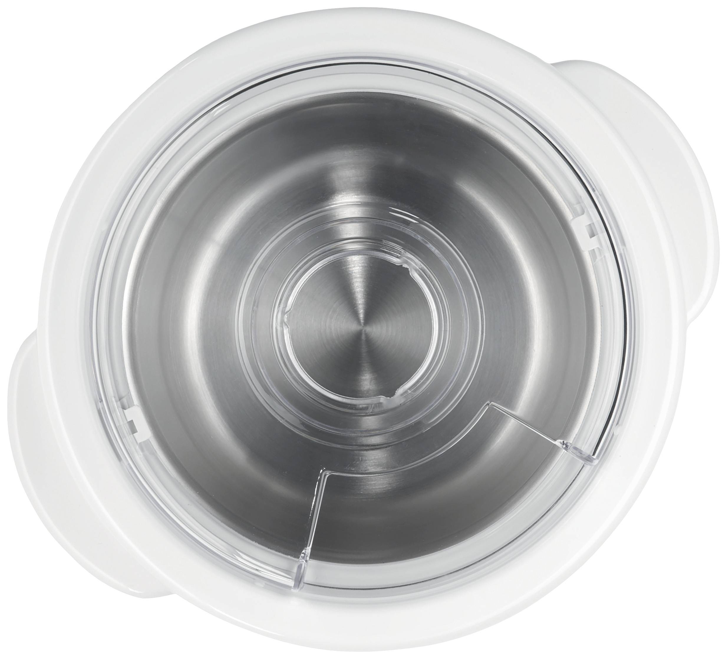 White kitchen mixer viewed from above, with a round stainless steel bowl in the centre and transparent lid visible.