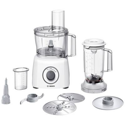 Kitchen Mixer with Accessories: Main Device in White, with Blender Attachment, Cutting Blades, Measuring Jug and Dough Attachment. Suitable for Chopping and Blending.
