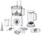 A food processor with accessories: mixing bowl, blender jug, measuring cup, mixing and cutting attachments. Marked with 'Bosch'.