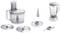 Various accessories for a food processor, including a large bowl with lid, cutting inserts, and a blender attachment.