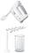 A white hand mixer with attachments: whisk, dough hook, and blending rod, along with a transparent measuring jug.