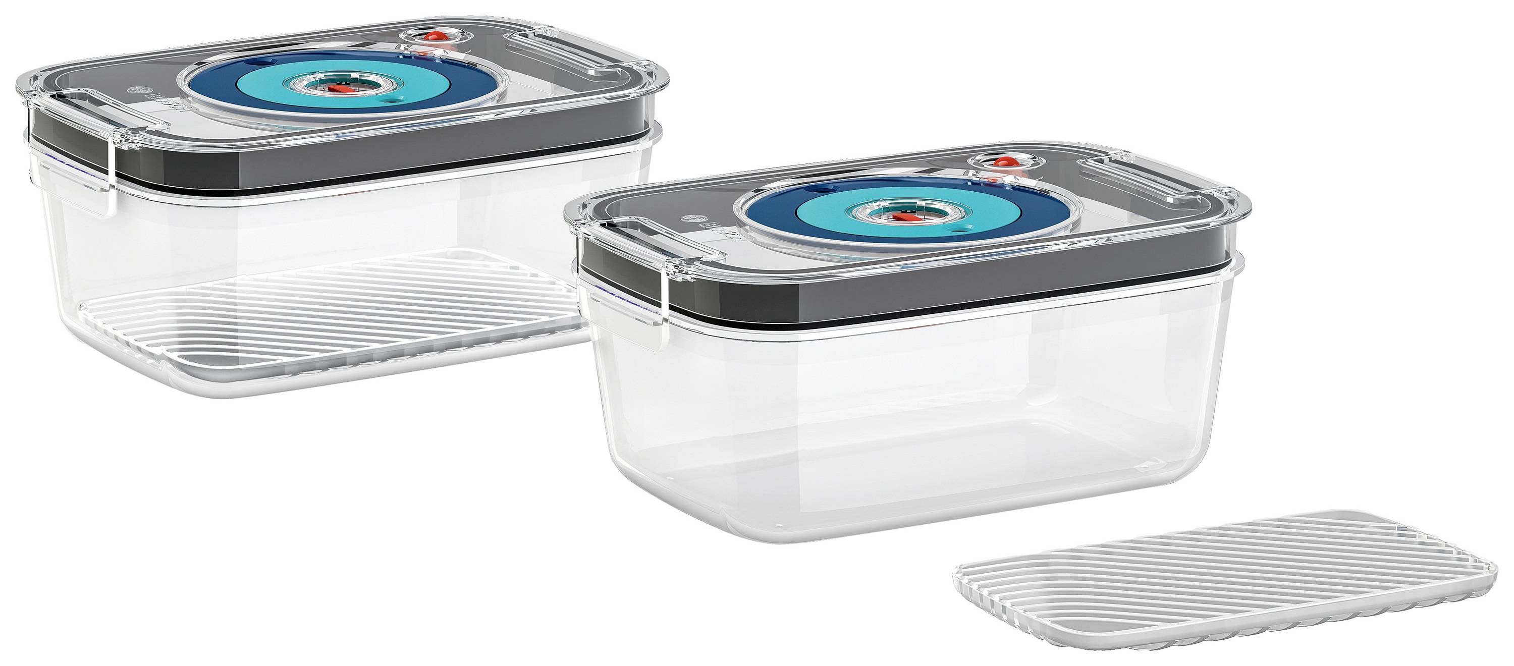 Two transparent food storage containers with black lids, one open and one closed. Ideal for storing food.
