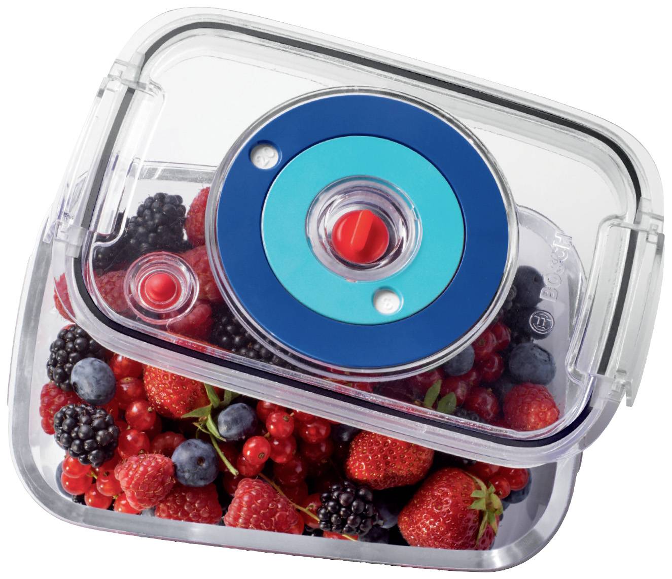 Transparent storage container with fresh berries such as strawberries and raspberries, with the top lid partially open to showcase the berries.