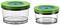 Two round storage containers with green lids, in different sizes. They are transparent and have colourful circles on the lids.