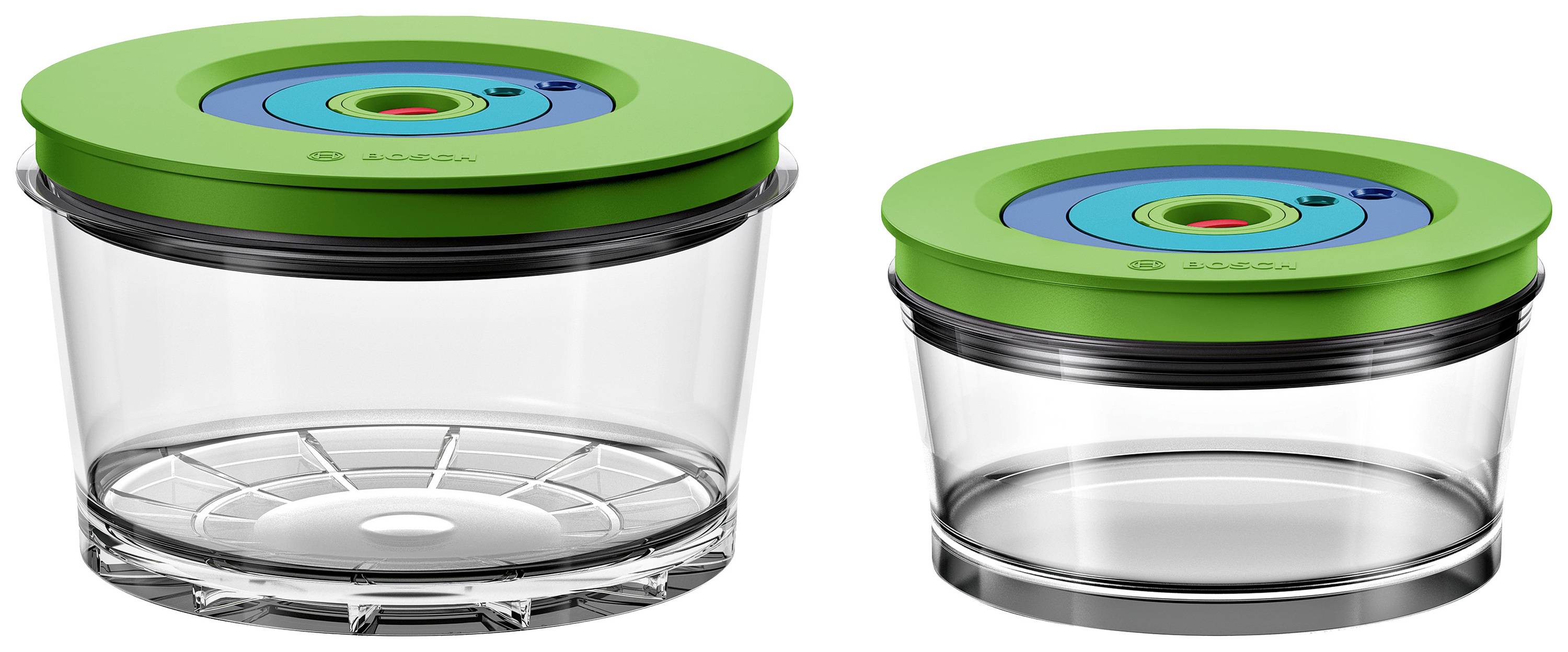 Two round, transparent storage containers with green lids. The container on the left is larger and has a raised base.