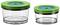 Two round, transparent storage containers with green lids. The container on the left is larger and has a raised base.