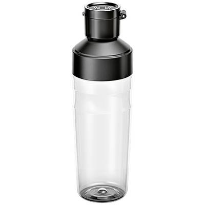 Transparent bottle with a black screw-on lid.