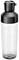 A transparent drinking bottle with a black lid, suitable for sports or on the go.