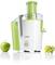 Bosch juicer in white and green, with two speed settings. Beside the appliance lies a green apple and a grape.