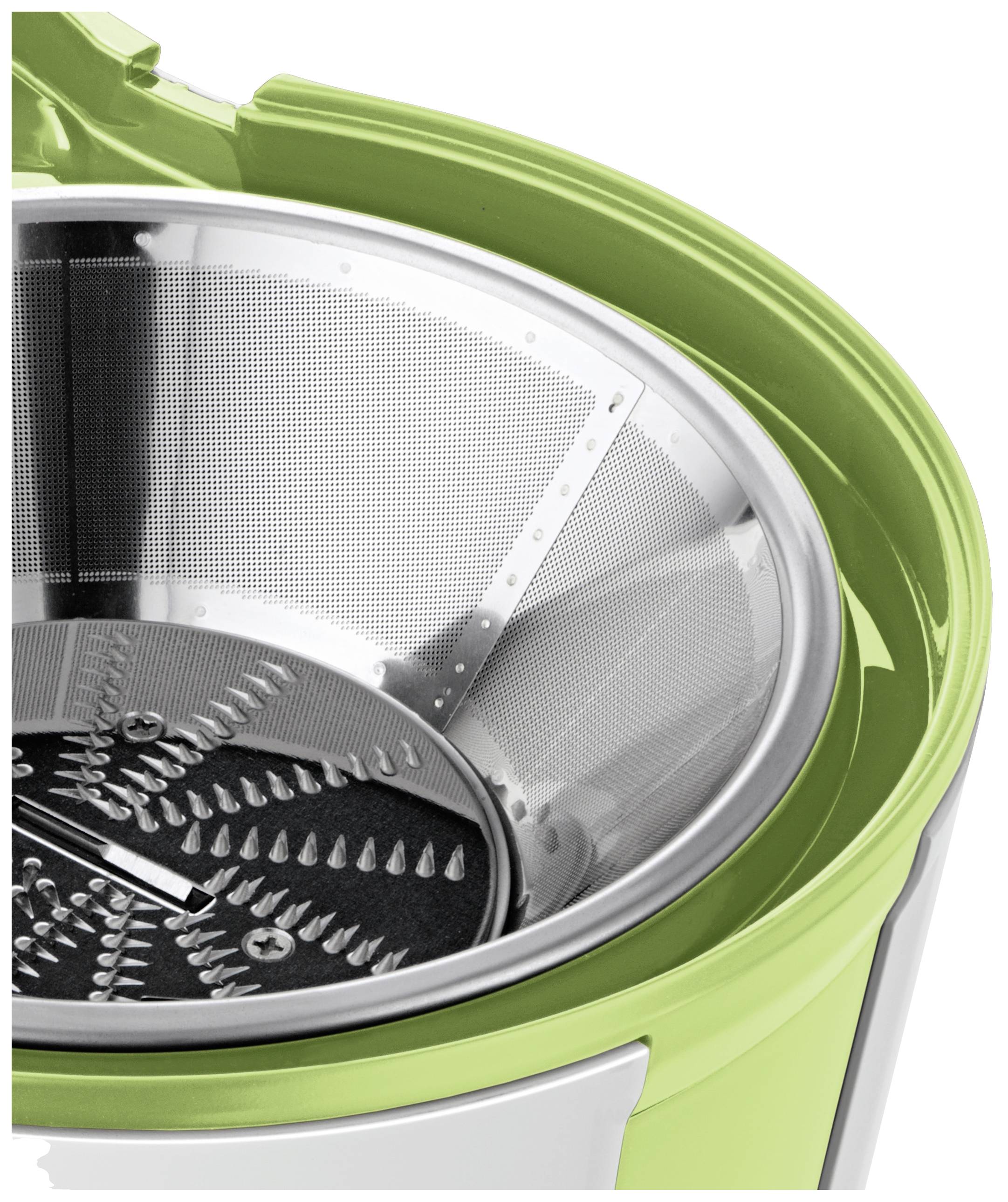 Juicer with stainless steel sieve basket and serrated cutting blade. Bright green casing visible. Suitable for kitchen or catering use.