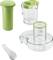 A green food processor with lid, mixing bowl, container attachment, and cleaning brush, for food preparation.