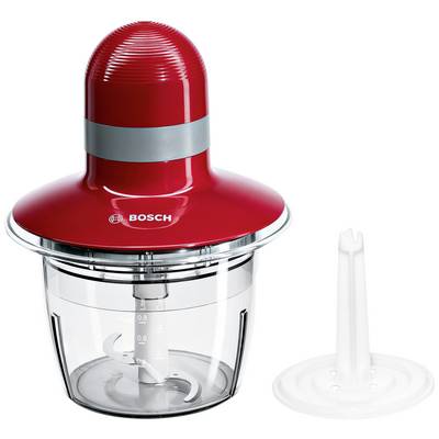 A red electric chopper by Bosch with a transparent container and extra insert, suitable for the kitchen.