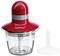 A red Bosch universal chopper with a transparent container and razor-sharp blade, with a white attachment beside it.