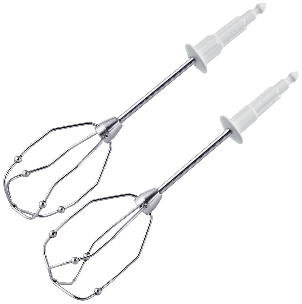 Two stainless steel whisk attachments, commonly used for kitchen mixers, lie parallel to each other on a white background.