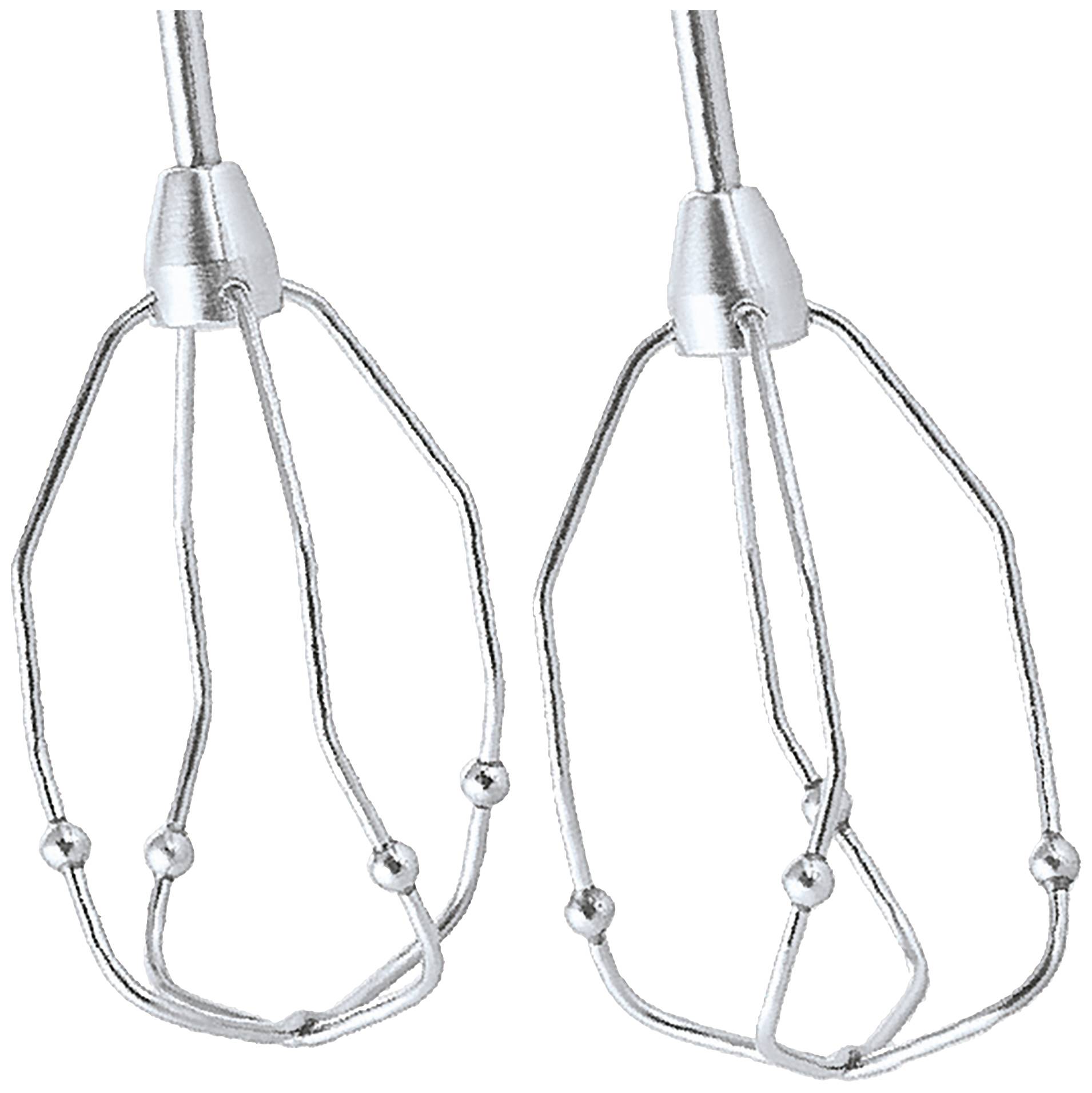 Two silver metal whisks standing side by side, used for mixing and beating ingredients in the kitchen.