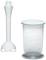 A white hand blender attachment and a transparent measuring jug with a lid. The jug has measurement markings in millilitres.