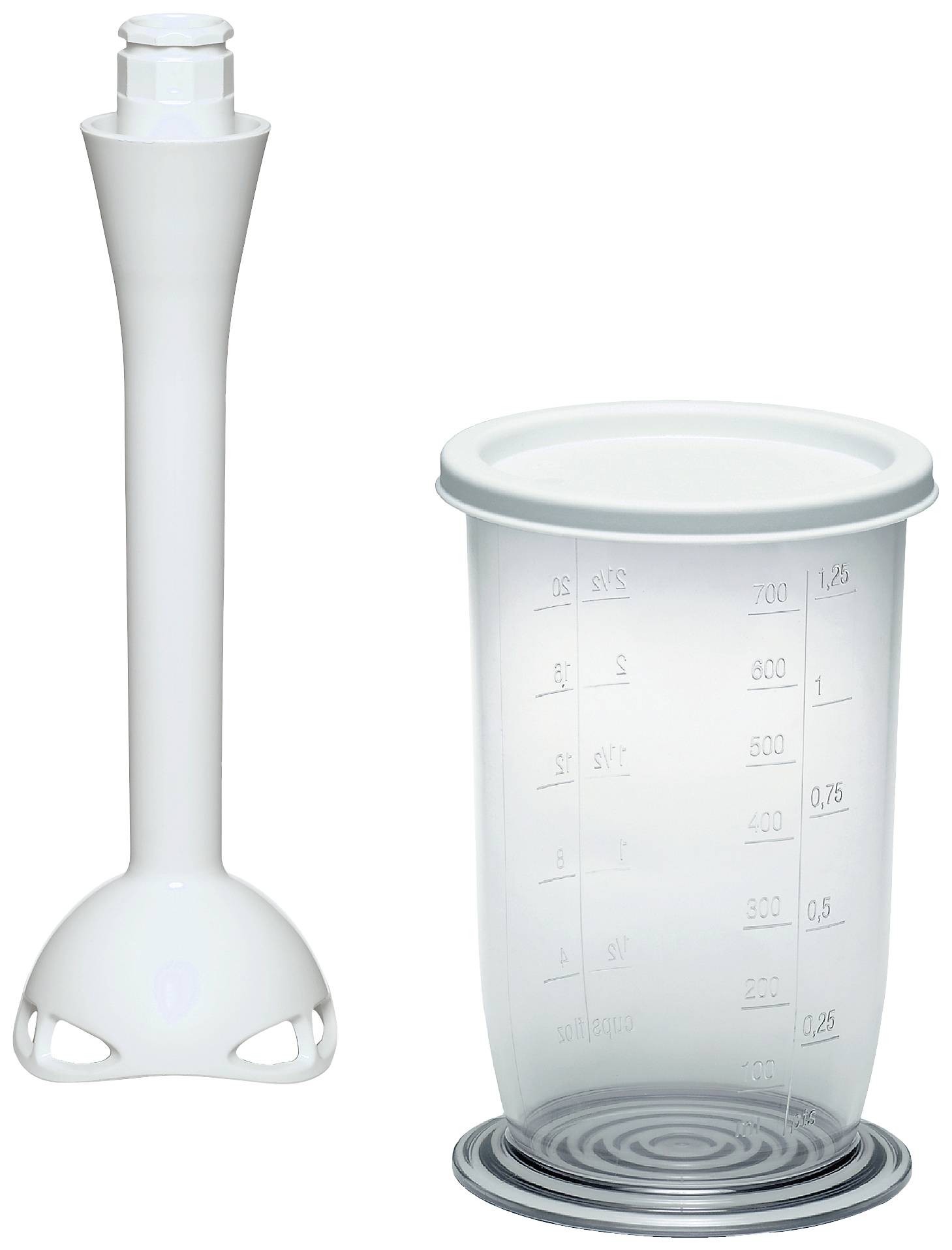 A white hand blender attachment next to a transparent measuring jug with measurement markings on a white background.