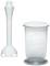 A white hand blender attachment next to a transparent measuring jug with measurement markings on a white background.