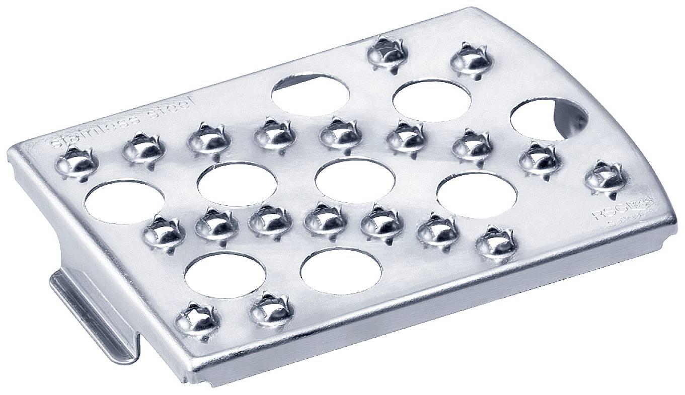 Metallic footrest with non-slip rivets for safety, suitable for use on machinery or in workshops.