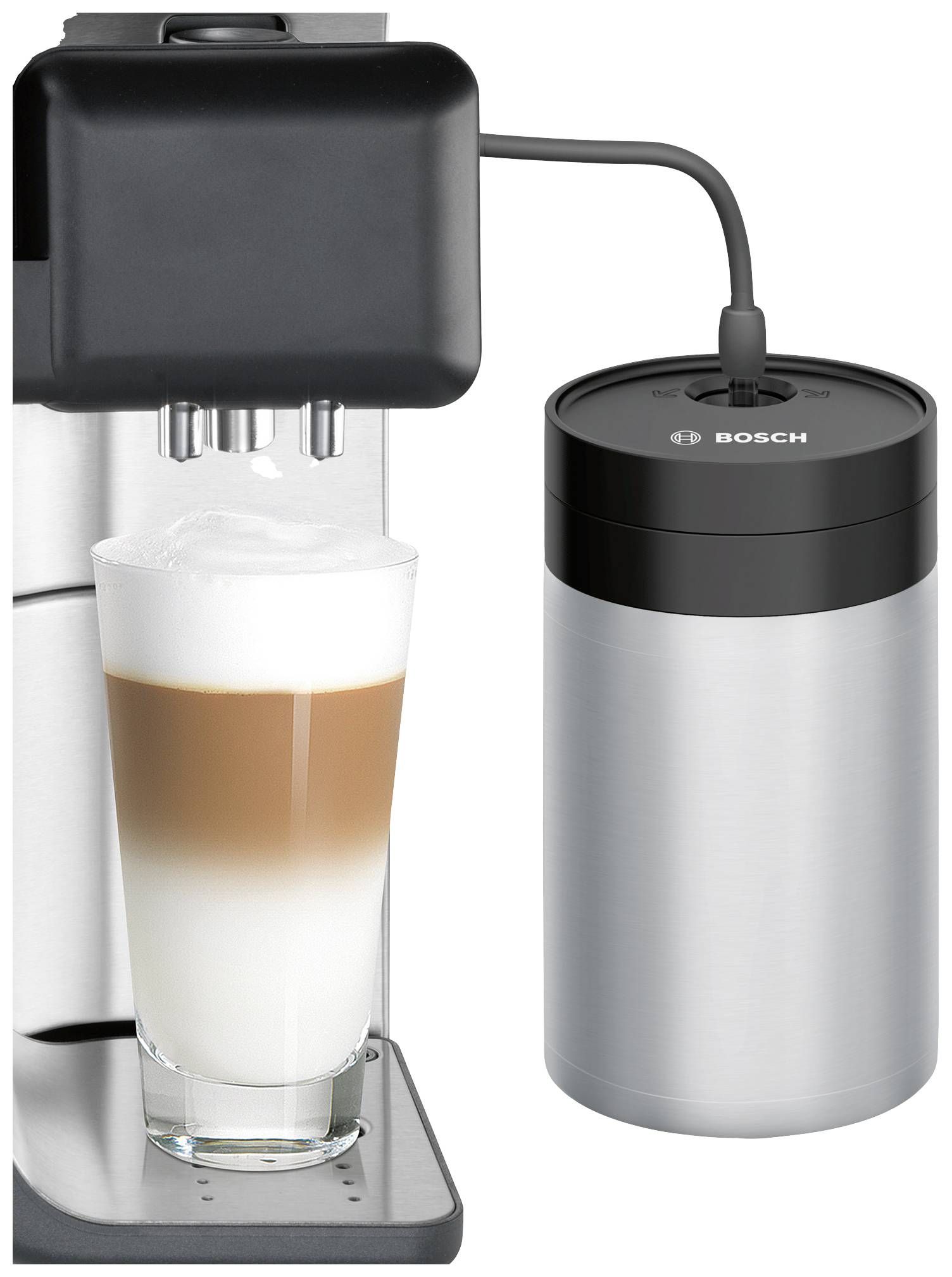 Coffee machine with milk frother preparing a glass of latte macchiato. The device is from the Bosch brand, demonstrating modernity and functionality.