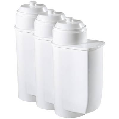 Three white water filters with cylindrical tops, arranged in a row.