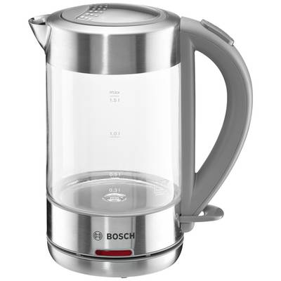 A transparent kettle with 1.5-litre measurement markings, stainless steel accents and a grey handle. Brand logo visible at the bottom.