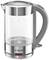 A transparent kettle by Bosch, marked on a scale up to 1.5 litres. Modern and manufactured from stainless steel and glass.