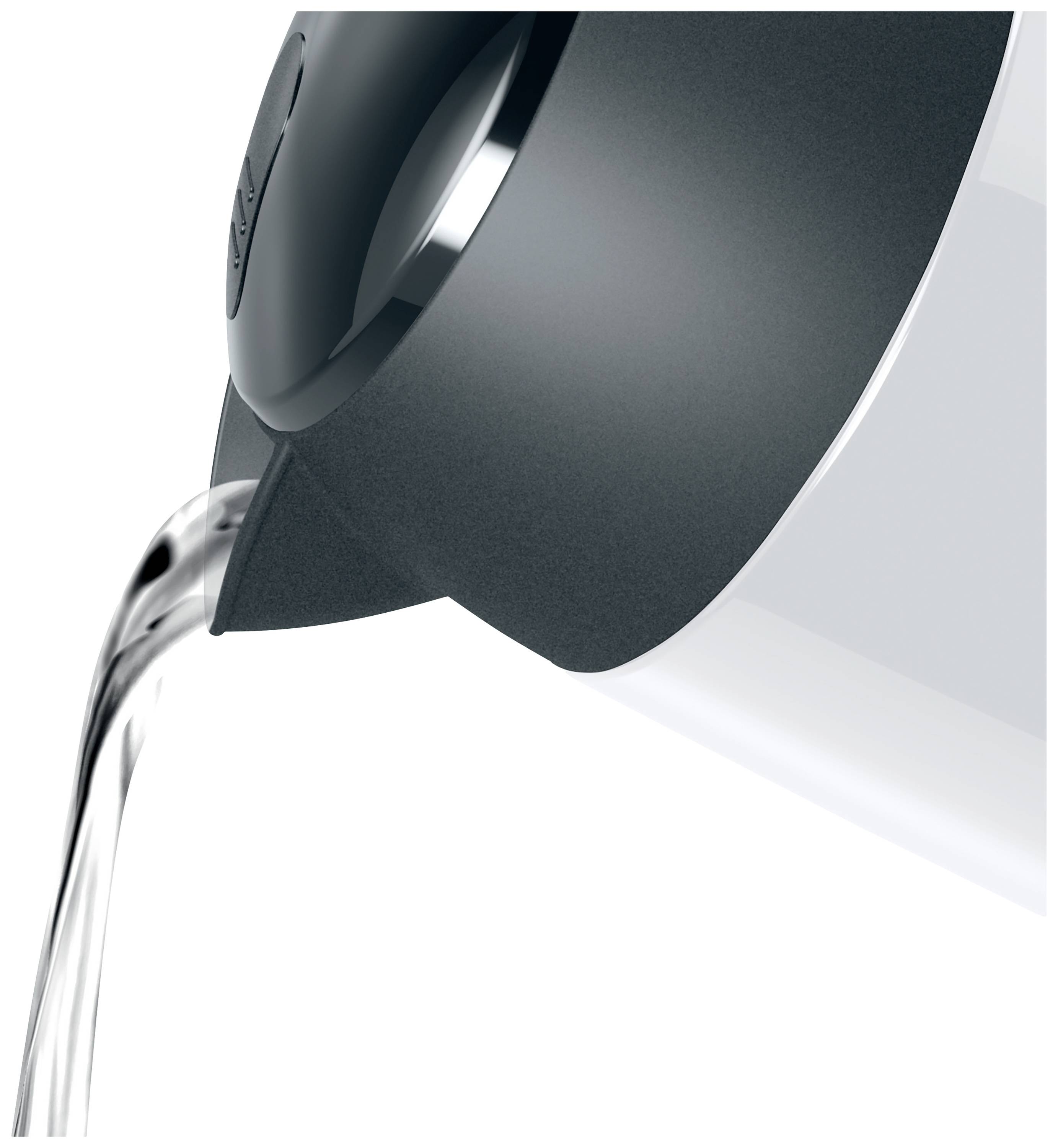 A close-up of a black kettle with water being poured out of it.