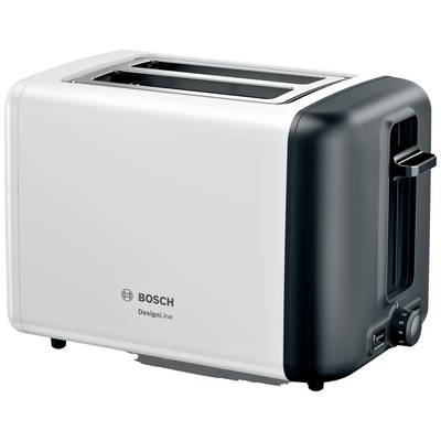 A silver toaster with two slots and a dial on the right-hand side. Brand 'Bosch'. DesignLine series.