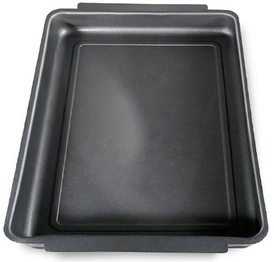 A rectangular, black baking tray with raised edges, perfect for baking or roasting in the oven.
