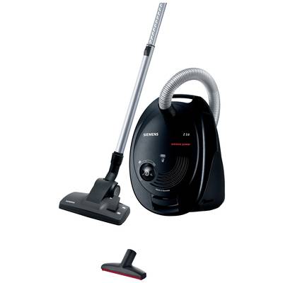 Black Siemens vacuum cleaner, Model Z 3.0, with hose, telescopic wand and additional carpet nozzle.