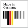 'Made in Germany' over a barcode in black, red and gold, symbolises German manufacturing and quality.