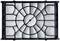 A black metal grid in a rectangular shape, with a circle in the centre. It rests on a grey background and appears industrial.
