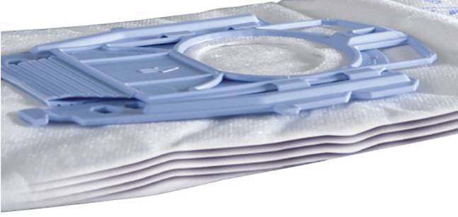 Vacuum cleaner bag with blue plastic holder, close-up view. Ideal for dust and dirt collection in vacuum cleaners.