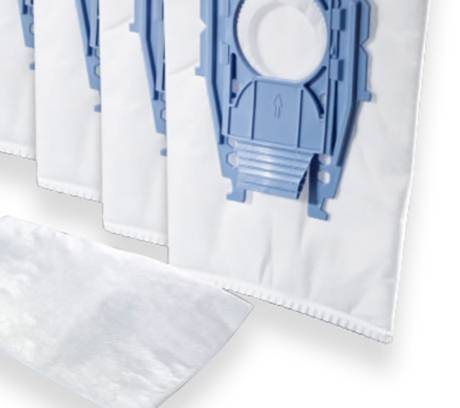 Vacuum cleaner bags with blue plastic openings, arranged side by side. The foreground shows a flat, white bag.