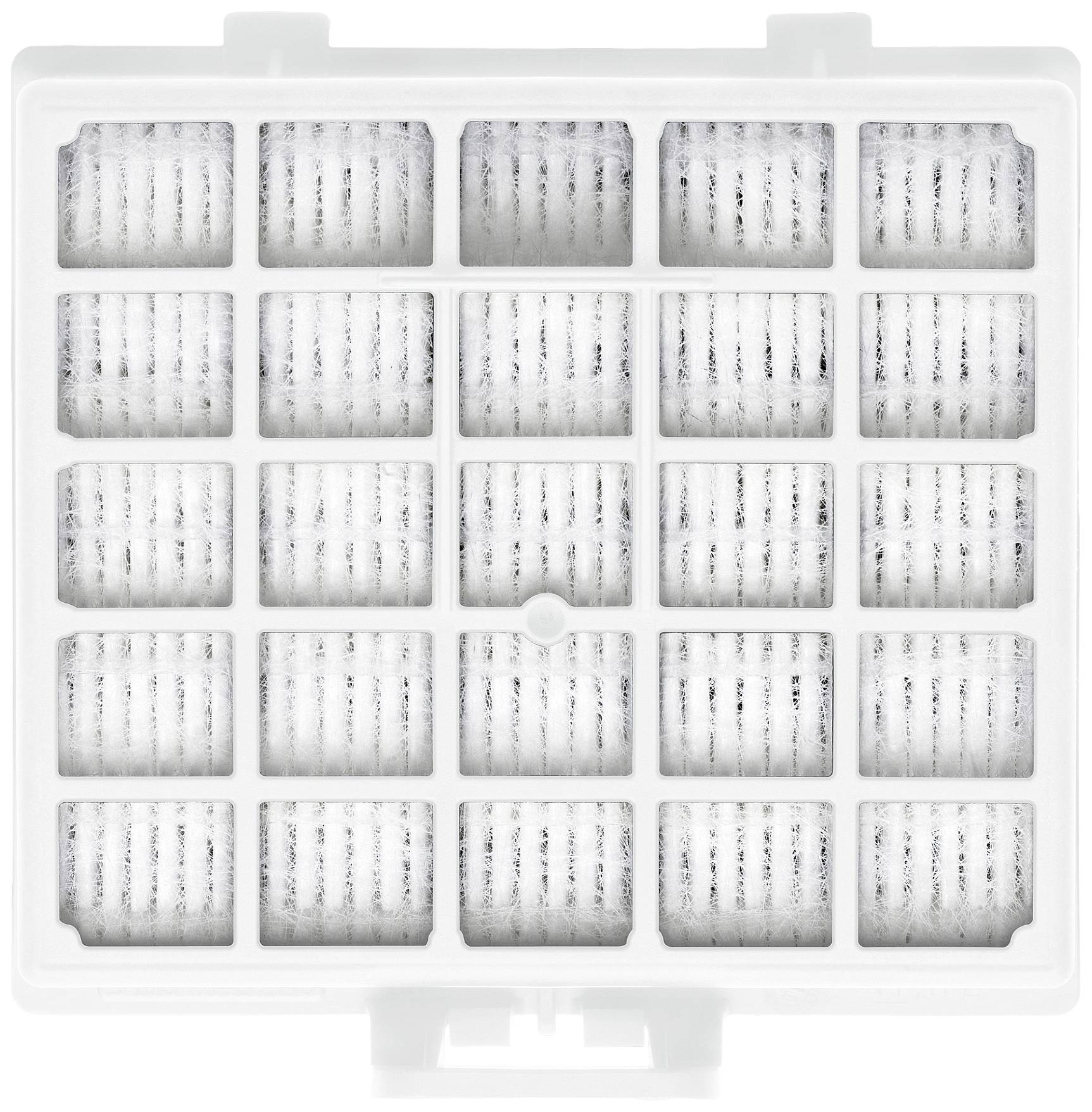 A rectangular HEPA filter with a white housing and multiple square chambers, filled with pleated filter materials.