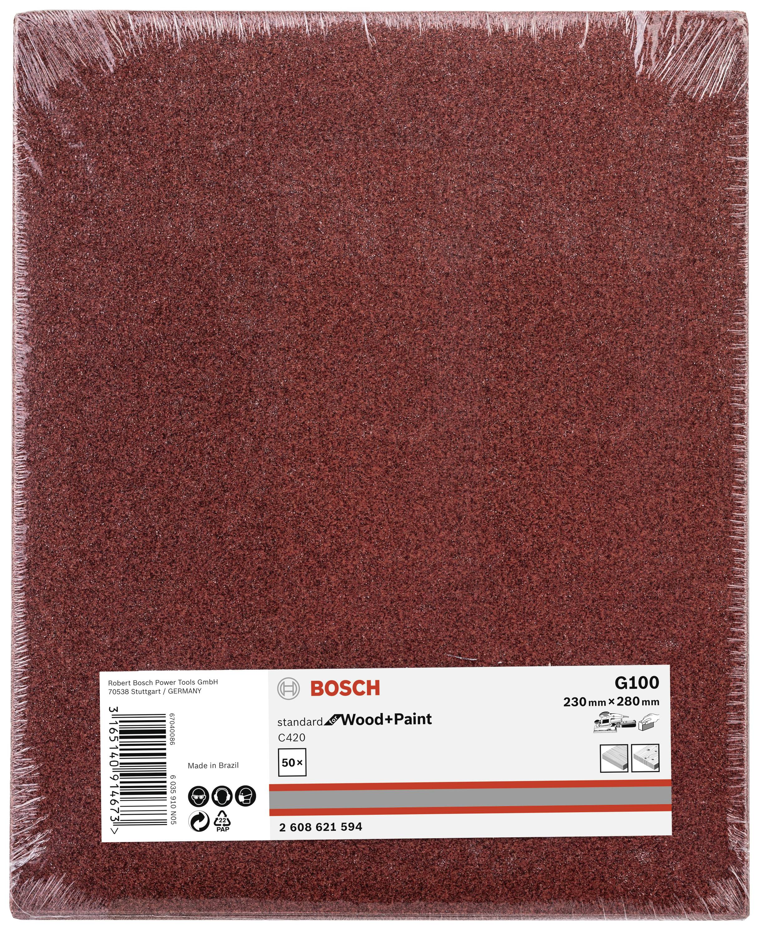 A red Bosch sandpaper, G100, for 'Wood+Paint', 230mm x 280mm, packaged in plastic film. Contains 50 sheets.