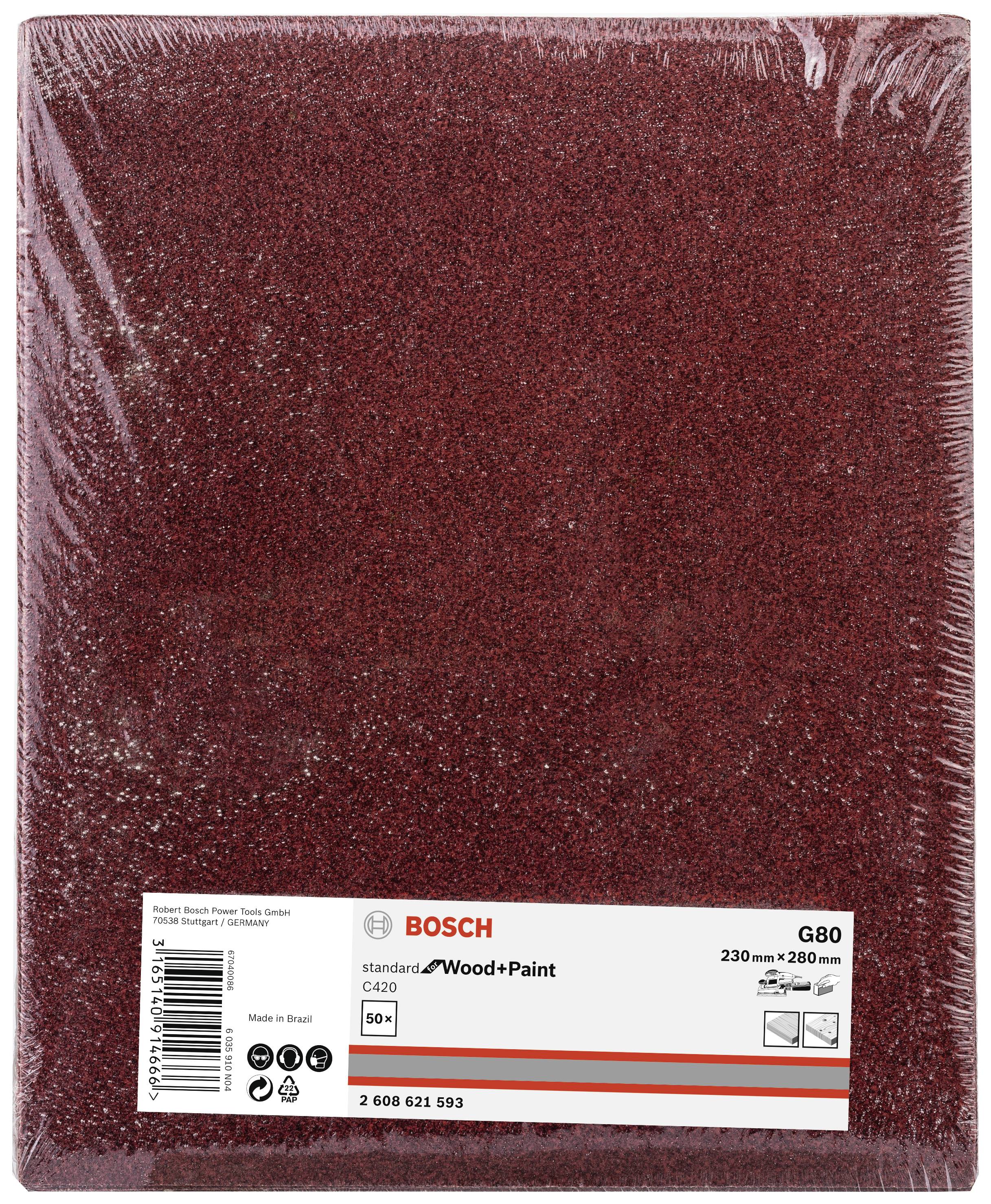 Pack of Bosch Sandpaper, Type G80, for Wood and Paint. Size 230 x 280 mm, 50 pieces.