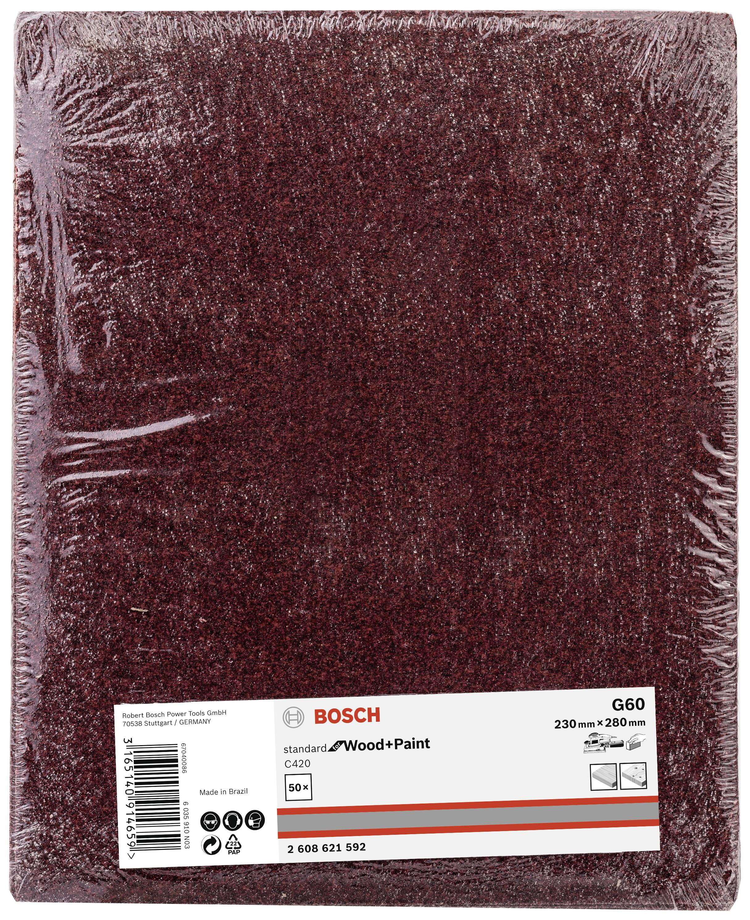 A Bosch sandpaper branded 'standard Wood+Paint' with a grit of 60, size 230 x 280 mm, suitable for wood and paint.