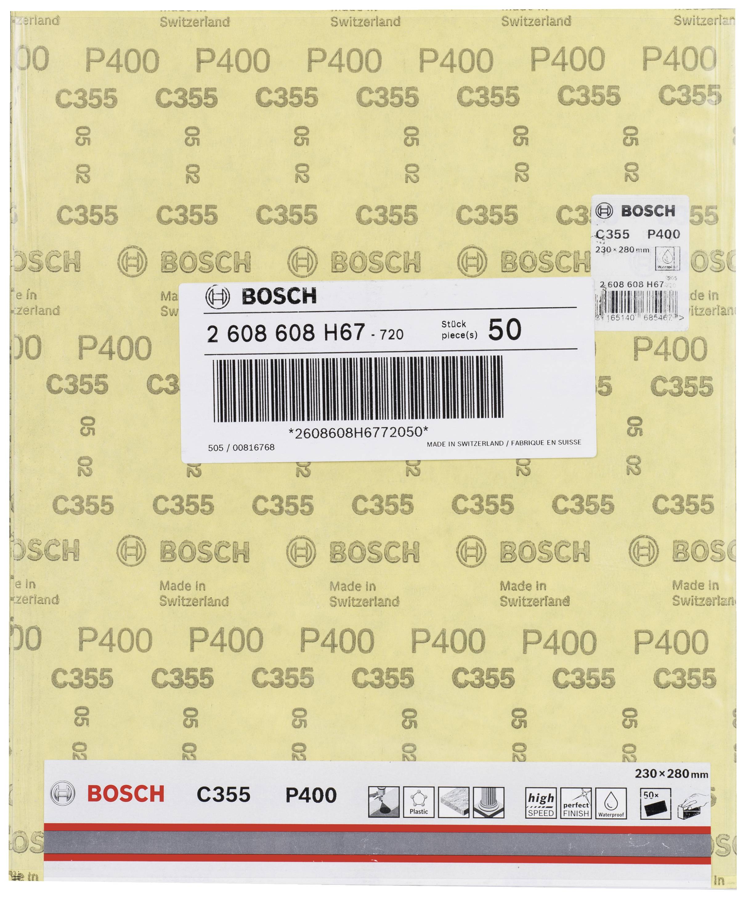 'Bosch Sandpaper C355, Size 230x280 mm, Grit P400, 50 Sheets per Pack, Manufactured in Switzerland.'